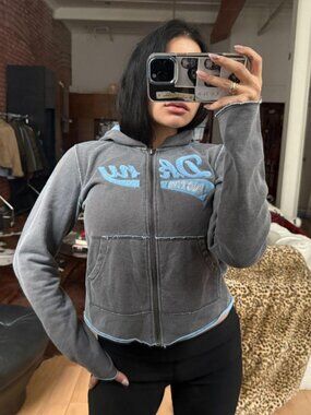 Y2K DKNY Active Cropped Zip Hoodie Grey Athleisure